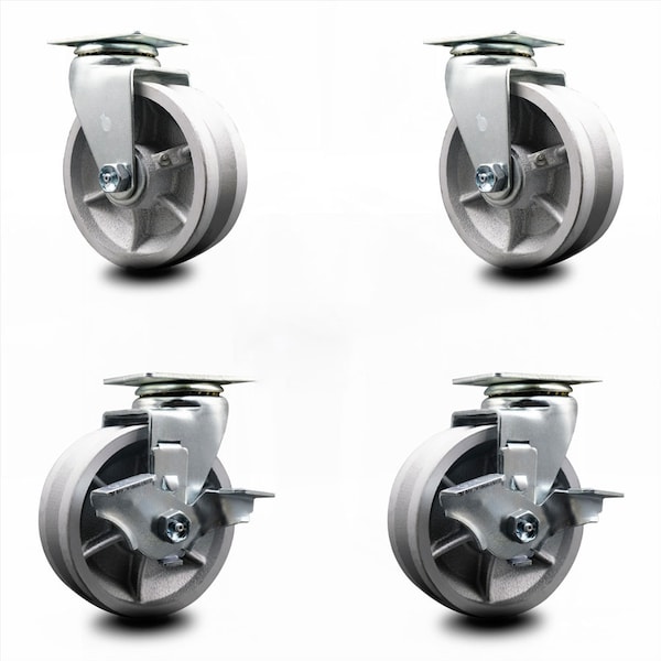 5 Inch V-Groove Semi Steel Swivel Caster Set with Ball Bearings 2 Brakes SCC